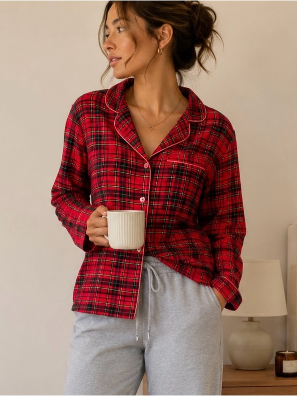 Red Plaid Cotton Pajama Top